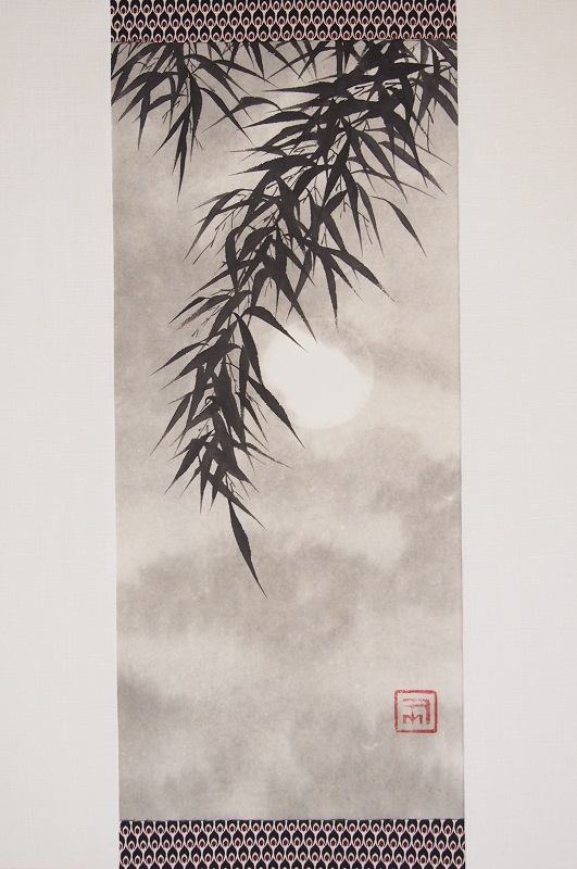 Cascade de bambous et pleine lune encadré façon kakemono 40x60